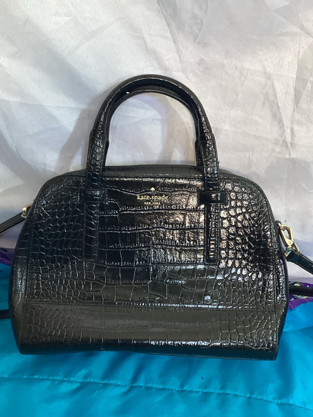 kate spade Black Croc-Embossed Satchel with Top Handles